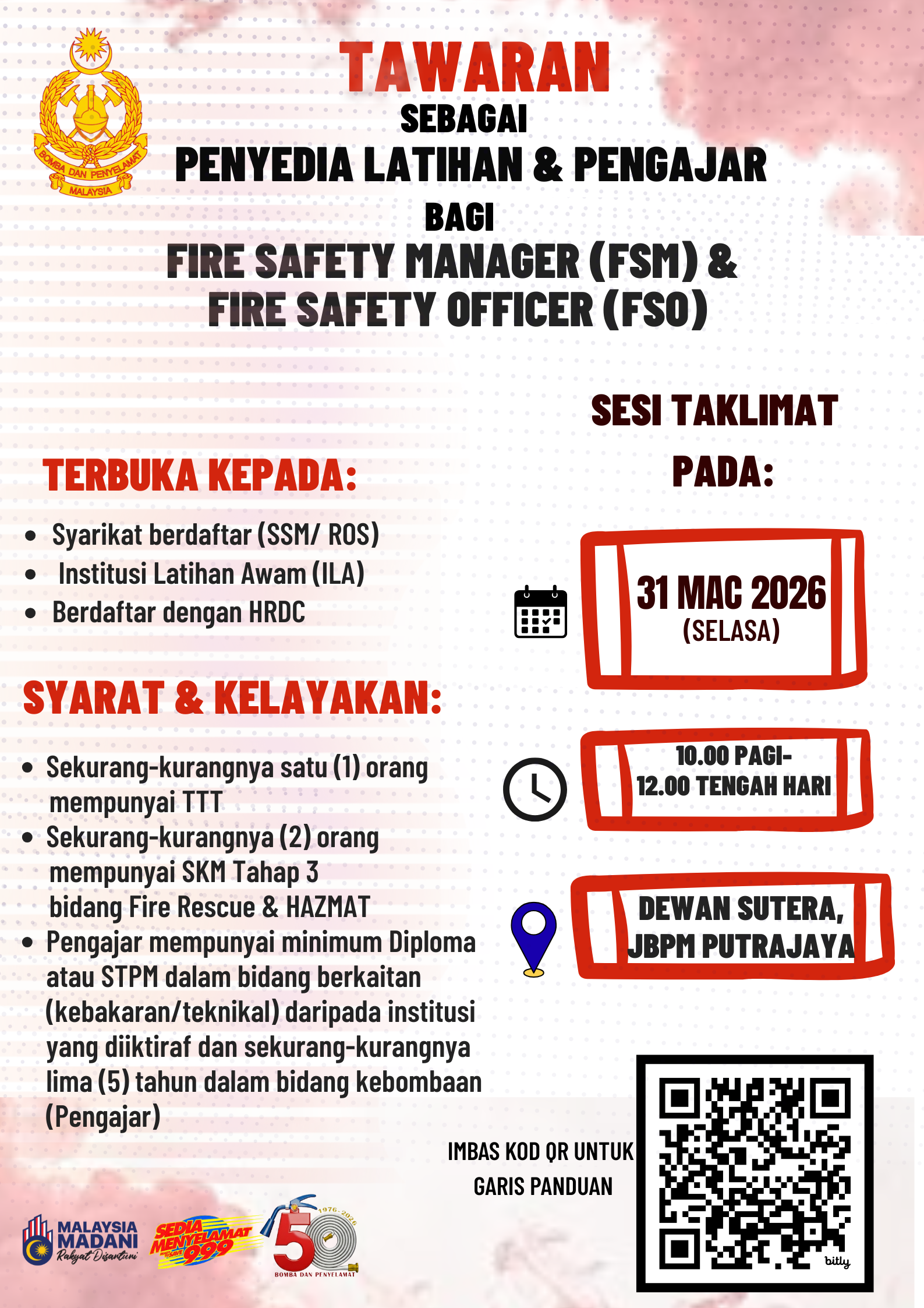 TAWARAN SEBAGAI PENYEDIA LATIHAN & PENGAJAR BAGI FIRE SAFETY MANAGER (FSM) & FIRE SAFETY OFFICER (FSO)